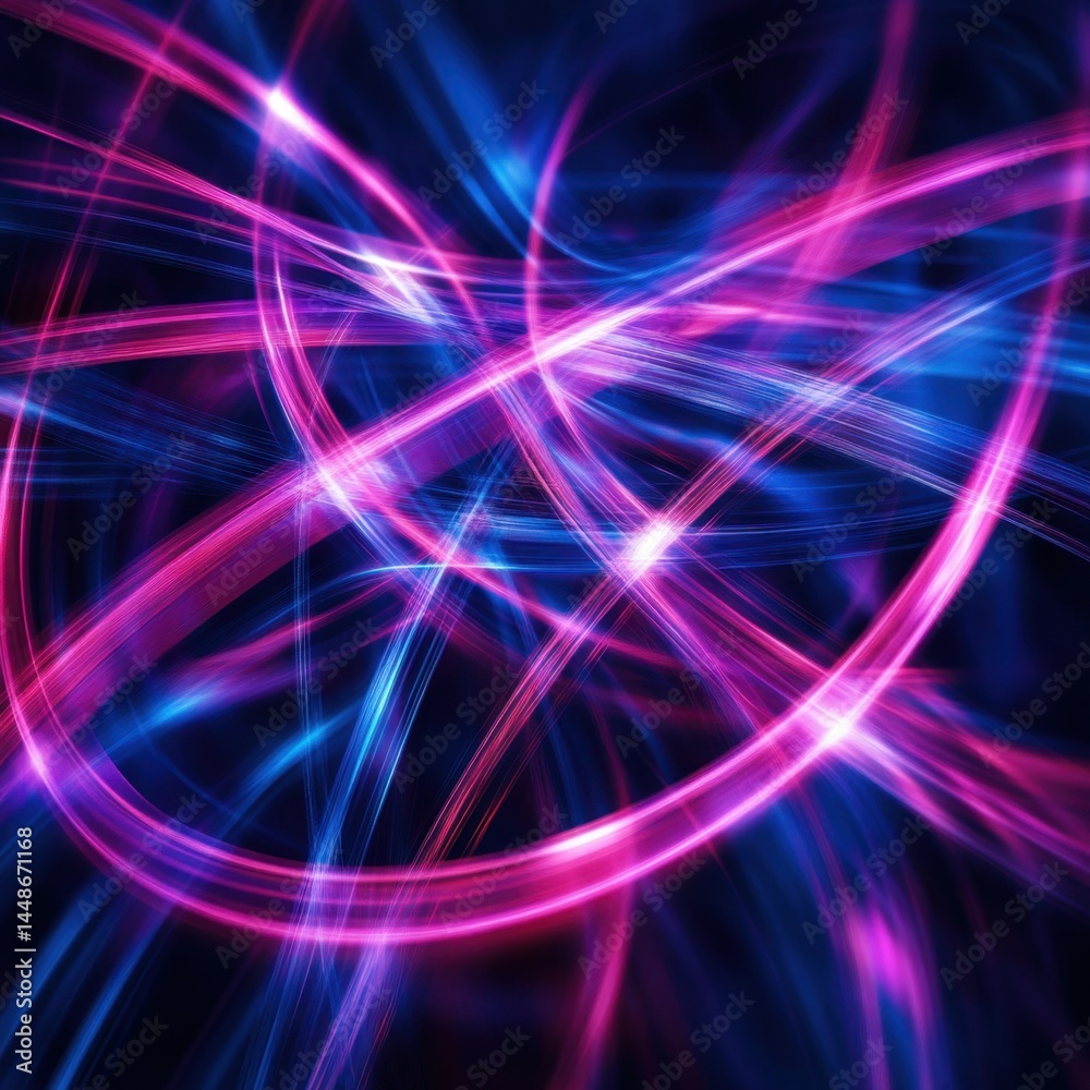 Wall mural abstract luminous trails in vibrant pink and blue hues on a dark background creating a dynamic and f