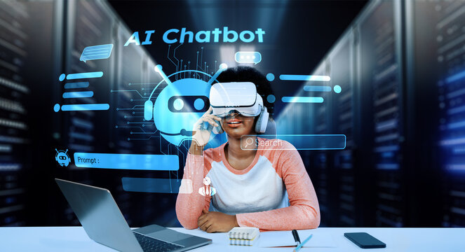 African girl looking at AI technology hologram while using VR glasses. Academic student wearing casual cloth and VR headset while using augmented reality glasses. Artificial intelligence. Ingenuity.