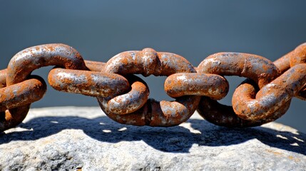 Fototapeta premium Rusty Chain Links on Stone Closeup Detail