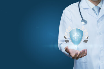 Health professional displaying a glowing medical shield symbol .