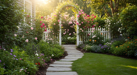 Obraz premium Picturesque Rose Garden Pathway Leading To a Flower Covered Archway