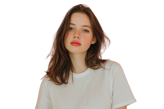 Junge Frau mit natürlichem Ausdruck in weißem T-Shirt PNG mit transparentem Hintergrund

