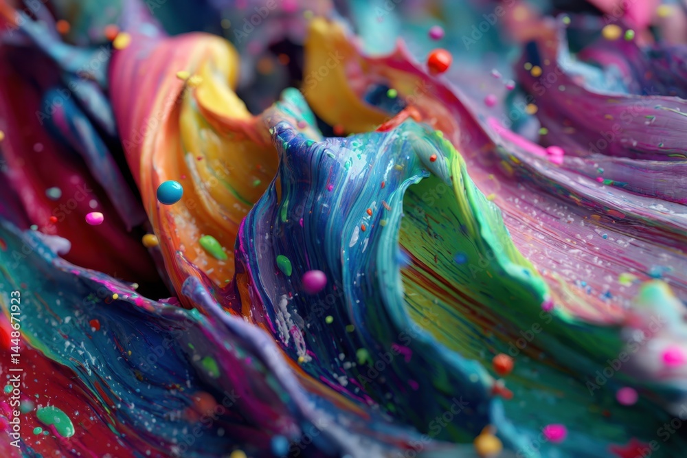 Poster abstract vibrant colorful paint strokes with small spheres artistic expression and creative backgrou