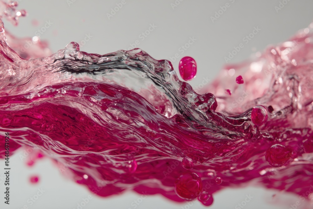 Poster captivating splash of vibrant magenta liquid with dynamic waves and droplets against a soft grey bac