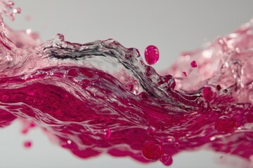 Captivating splash of vibrant magenta liquid with dynamic waves and droplets against a soft grey backdrop creating a mesmerizing and fluid abstract composition with a clean style