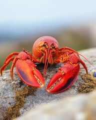 Captivating close up of a vibrant red lobster perched on a mossy rock showcasing its intricate details and texture with a blurred background