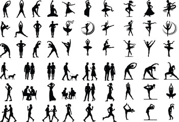 People Poses Silhouette Set | Human Action Vector Collection Dynamic Human Poses Silhouettes | Standing, Walking, Jumping Icons