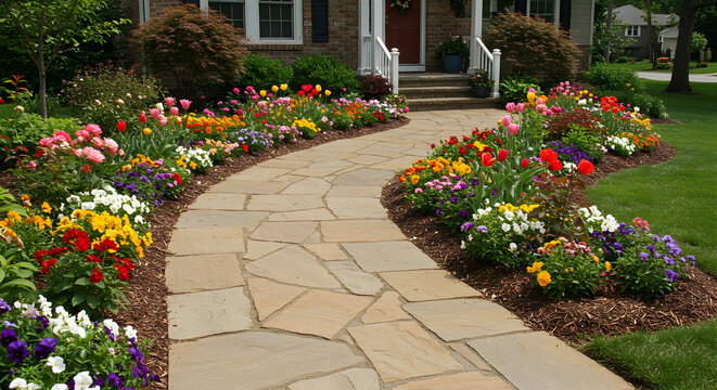 Elegant Stone Path Meandering Through a Vibrant Colorful Flower Garden - Powered by Adobe