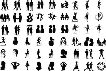 People Poses Silhouette Set | Human Action Vector Collection Dynamic Human Poses Silhouettes | Standing, Walking, Jumping Icons