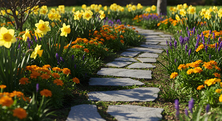 Fototapeta premium Stone Pathway Through A Vibrant Spring Garden With Colorful Flowers