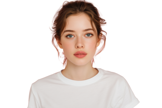 Junge Frau mit natürlichem Ausdruck in weißem T-Shirt PNG mit transparentem Hintergrund

