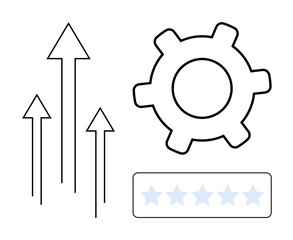 Upward arrows, a gear symbolizing efficiency, and a five-star rating bar conveying quality, growth, and success. Ideal for business, innovation, development, teamwork performance data flat simple