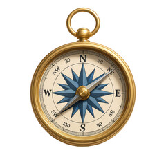 Close-up of a polished brass compass with a vibrant blue compass rose, a classic precision instrument for accurate navigation.