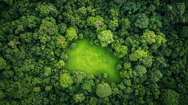 Aerial view of a lush green forest with a vibrant meadow creating a natural clearing showcasing nature's beauty and tranquility in a serene environment from above