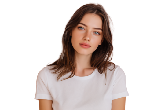 Junge Frau mit natürlichem Ausdruck in weißem T-Shirt PNG mit transparentem Hintergrund


