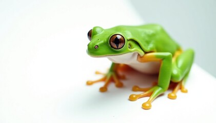 Obraz premium Green tree frog perched on white, vibrant skin, green frog, nature, amphibian