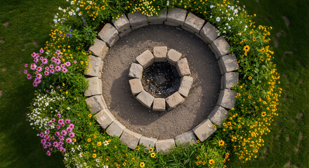 Cozy Fire Pit Surrounded By Colorful Flowers In A Lush Green Garden