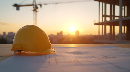 Obraz premium Construction Site at Sunset: Hard hat rests on blueprints against a city skyline with a crane and an unfinished building frame. Work and progress.