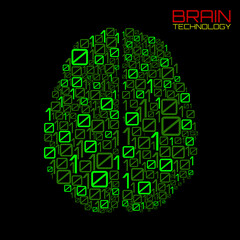 Artificial intelligence. Abstract brain with binary computer code, technology concept. Vector illustration