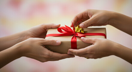 two hands exchanging beautifully wrapped gift box adorned with red ribbon
