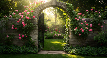 Fototapeta premium Enchanting Garden Gate Adorned with Roses And Sunlight Through Stone Arch