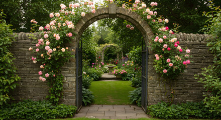 Fototapeta premium Romantic Garden Entrance Through An Ancient Stone Archway With Roses