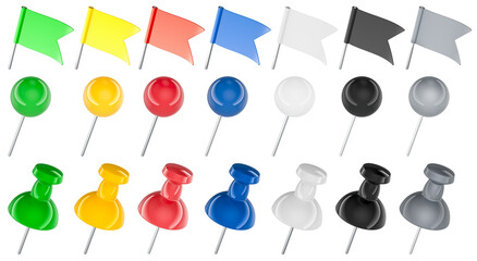 Colored Push Pins, round head push pins and Flag Push Pins, 3D rendering isolated on transparent background