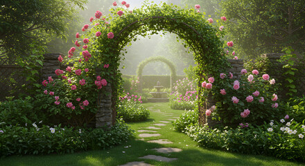 Fototapeta premium Enchanting Rose Garden Archway Leading to Serene Retreat