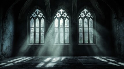 Obraz premium Gothic interior with dramatic light through stained glass windows.