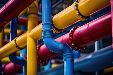 Colorful industrial pipes intricately interwoven, showcasing a complex network of infrastructure.