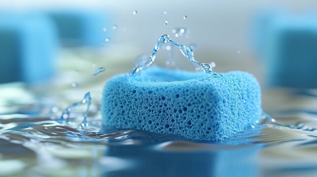 Efficient Blue Sponge Absorbing Spilled Water in Action