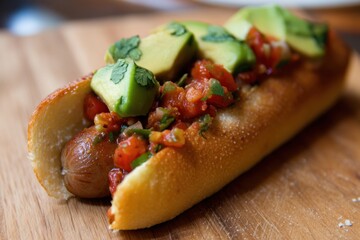 Gourmet hotdog with fresh avocado and salsa on a wooden board delicious culinary delight vibrant colors appetizing presentation close up shot food photography