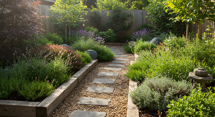 Obraz premium Tranquil Garden Retreat With Stone Pathway And Lush Lavender Plants