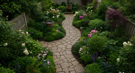 Obraz premium Stone Pathway Winding Through a Lush Garden Paradise With Colorful Flowers