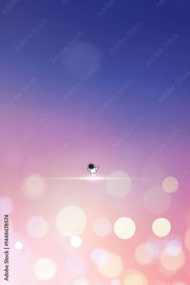 Poster astronaut floating in dreamy space with bokeh lights against a gradient sky creating a serene and in