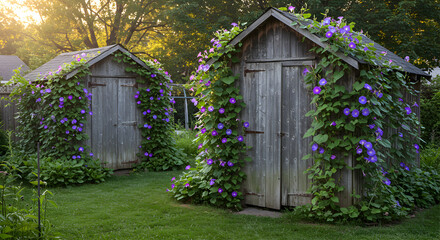 Whimsical Garden Sheds Adorned With Morning Glory Vines In Full Bloom