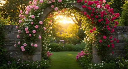 Enchanting Garden Archway Adorned With Blooming Roses at Sunrise