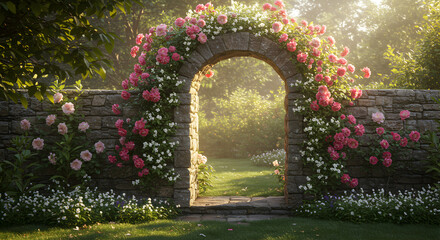 Obraz premium Enchanting Stone Archway Adorned with Blooming Pink Roses in a Lush Garden Setting