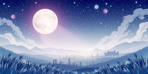 Fototapeta premium A dreamy landscape with a full moon, stars, clouds, mountains, and a distant city skyline
