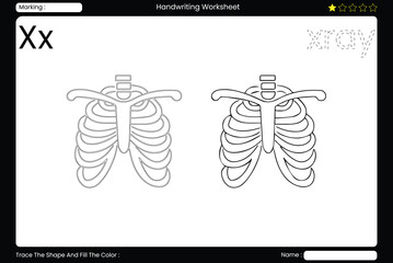 Trace Letter X. Exploring X-ray Coloring Page for Kids. Printable Vocabulary Builder. Educational Vector Worksheet.