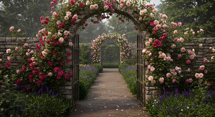 Fototapeta premium Enchanting Rose Archway In Tranquil Garden Setting With Winding Path