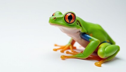 Naklejka premium Green tree frog perched on white, vibrant skin, glossy, fauna