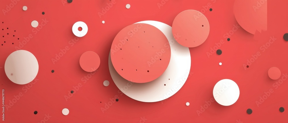 Poster geometric composition of overlapping circles in shades of red and white creating a modern abstract b