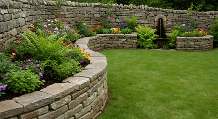 Obraz premium Serene Stone Garden Featuring Water Fountain Lush Greenery And Colorful Flowers