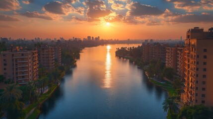 Fototapeta premium Cityscape at sunset over a canal