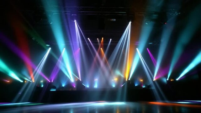 Colorful stage lights flashing in empty venue