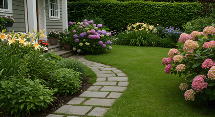 Obraz premium Charming Garden Displaying Colorful Hydrangeas And Stone Pathway Landscaping Beauty