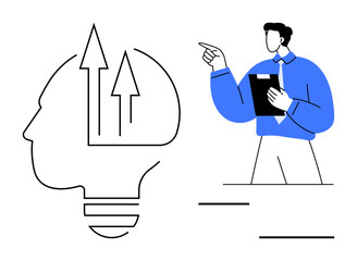 Businessman in formal attire gesturing towards arrows symbolizing growth inside a head-shaped lightbulb. Ideal for brainstorming, innovation, leadership, business strategy, education, growth mindset