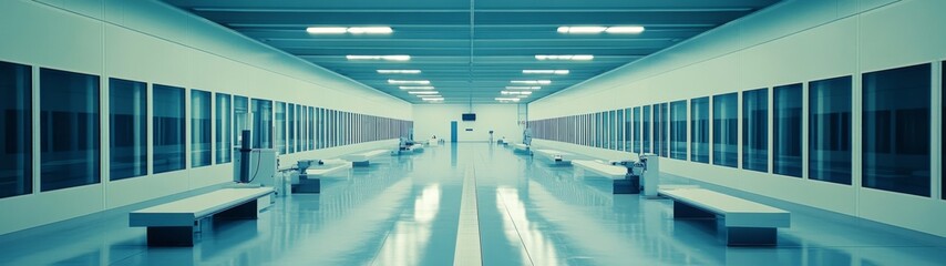 Obraz premium Modern Clean Industrial Interior with Long Aisle and Bright Lighting