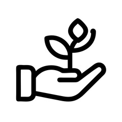 Outlined icon of a hand gently holding a sprouting plant, symbolizing care, growth, eco-awareness, or environmental sustainability.
